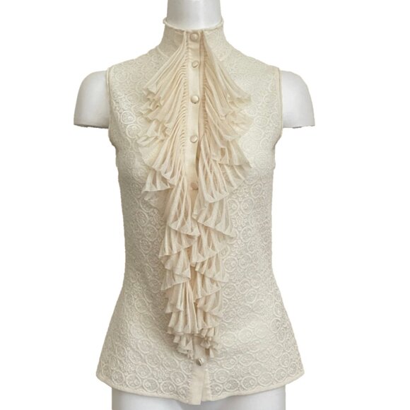 Alexander McQueen Jabot Collar Stretchy lace Sleeveless button up blouse L - Picture 5 of 16
